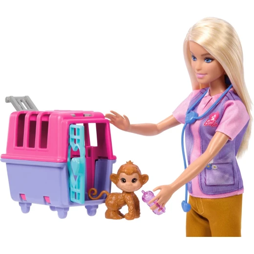 Barbie Animal Rescue Playset with Blonde Doll, Monkey & Tiger Figures, Carrier & Accessories for Kids - Barbie - Image 3