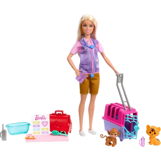 Barbie Animal Rescue Playset with Blonde Doll, Monkey & Tiger Figures, Carrier & Accessories for Kids - Barbie - Image 5