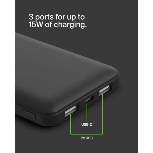 بنك طاقة BoostCharge بثلاث منافذ 10K مع USB-C 15 وات، USB-A مزدوج، كابل USB-A إلى USB-C بطول 15 سم، أسود من بيلكين - بيلكين - Image 3