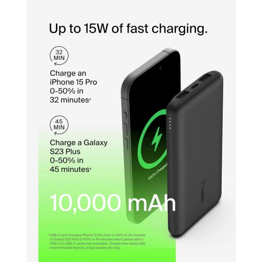 بنك طاقة BoostCharge بثلاث منافذ 10K مع USB-C 15 وات، USB-A مزدوج، كابل USB-A إلى USB-C بطول 15 سم، أسود من بيلكين - بيلكين - Image 7
