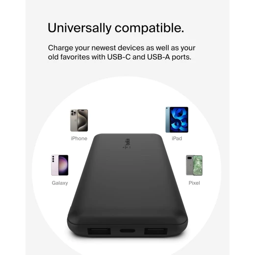 بنك طاقة BoostCharge بثلاث منافذ 10K مع USB-C 15 وات، USB-A مزدوج، كابل USB-A إلى USB-C بطول 15 سم، أسود من بيلكين - بيلكين - Image 5