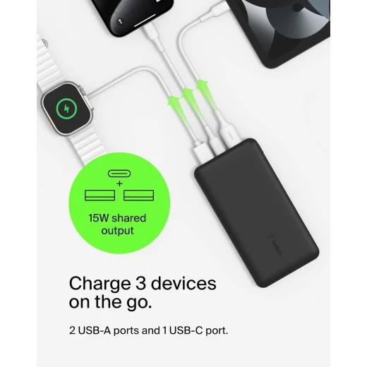 بنك طاقة BoostCharge بثلاث منافذ 10K مع USB-C 15 وات، USB-A مزدوج، كابل USB-A إلى USB-C بطول 15 سم، أسود من بيلكين - بيلكين - Image 9