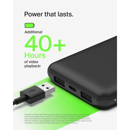 بنك طاقة BoostCharge بثلاث منافذ 10K مع USB-C 15 وات، USB-A مزدوج، كابل USB-A إلى USB-C بطول 15 سم، أسود من بيلكين - بيلكين - Image 8
