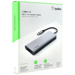 محول موزع متعدد المنافذ CONNECT USB-C 7 في 1 قارئ بطاقات SD 3.0 قارئ بطاقات Micro SD مدخل/مخرج صوت 3.5 مم منفذ USB-C 3.0 منفذا USB-A BC1.2 منفذ 4K HDMI 1.4 من بيلكين
