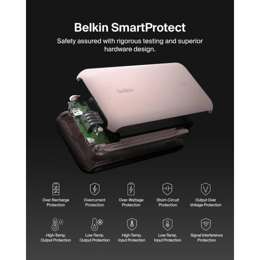 شاحن محمول، بنك طاقة مع كابل مدمج 20 كيلو PD 30 واط - شحن سريع USB-C توصيل الطاقة، شاحن محمول لسلسلة iPhone 16 وiPad Pro وGalaxy S25 والمزيد - وردي من بيلكن - بيلكين - Image 2