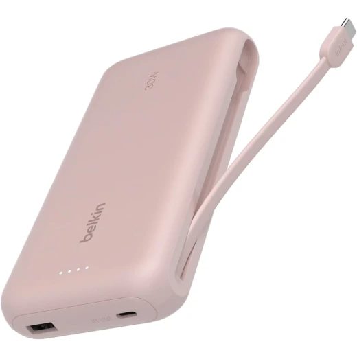 شاحن محمول، بنك طاقة مع كابل مدمج 20 كيلو PD 30 واط - شحن سريع USB-C توصيل الطاقة، شاحن محمول لسلسلة iPhone 16 وiPad Pro وGalaxy S25 والمزيد - وردي من بيلكن شاحن محمول، بنك طاقة مع كابل مدمج 20 كيلو PD 30 واط - شحن سريع USB-C توصيل الطاقة، شاحن محمول لسلسلة iPhone 16 وiPad Pro وGalaxy S25 والمزيد - وردي من بيلكن