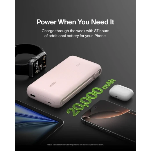شاحن محمول، بنك طاقة مع كابل مدمج 20 كيلو PD 30 واط - شحن سريع USB-C توصيل الطاقة، شاحن محمول لسلسلة iPhone 16 وiPad Pro وGalaxy S25 والمزيد - وردي من بيلكن - بيلكين - Image 6
