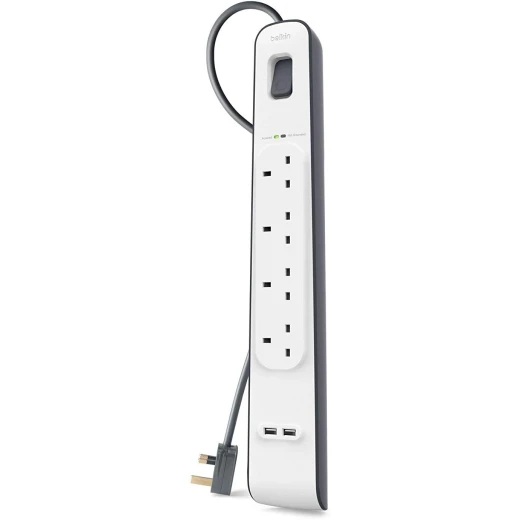 سلك تمديد مع فتحات USB × 2 (2.4 أمبير مشترك)، 4 اتجاهات/4 مقابس، شريط طاقة محمي من زيادة التيار بطول 2 متر - أبيض