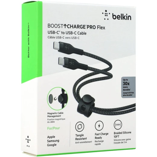 كابل بلكين بوست تشارج برو فليكس مضفّر من السيليكون – USB-C إلى USB-C، بطول 3 أمتار، أسود - بيلكين - Image 2