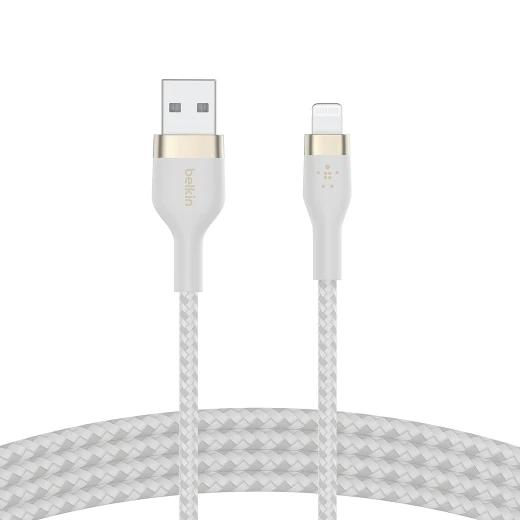كابل بلكين بوست تشارج برو فليكس مضفّر من السيليكون – USB-A إلى لايتنينغ، بطول 1 متر، أبيض كابل بلكين بوست تشارج برو فليكس مضفّر من السيليكون – USB-A إلى لايتنينغ، بطول 1 متر، أبيض