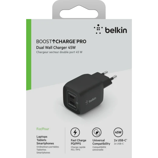 شاحن بلكين 45 واط مزدوج بمنفذي USB-C وتقنية GaN وPPS، يوفر 45 واط أو 25+20 واط عند استخدام المنفذين معًا - بيلكين - Image 4