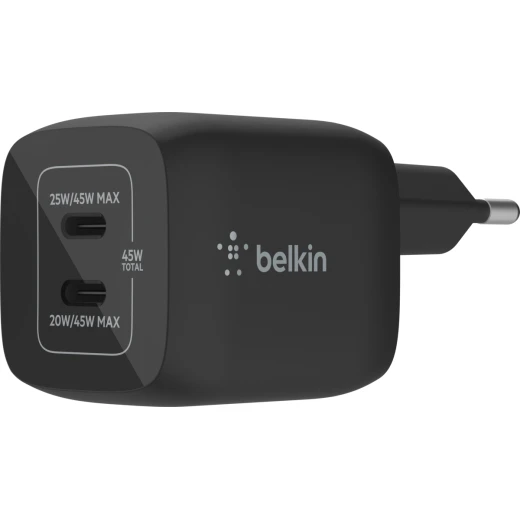 شاحن بلكين 45 واط مزدوج بمنفذي USB-C وتقنية GaN وPPS، يوفر 45 واط أو 25+20 واط عند استخدام المنفذين معًا شاحن بلكين 45 واط مزدوج بمنفذي USB-C وتقنية GaN وPPS، يوفر 45 واط أو 25+20 واط عند استخدام المنفذين معًا