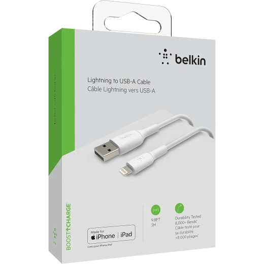 كابل بلكين بوست تشارج لايتنينغ – بطول 9.8 قدم / 3 متر – معتمد من MFi – شاحن USB إلى لايتنينغ لأجهزة آيفون – كابل آيفون – سلك شاحن آيفون – شاحن أبل – شاحن هاتف USB – باللون الأبيض. - بيلكين - Image 6