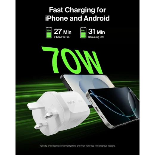 شاحن بلكين جداري 70 واط، 3 منافذ (2×USB-C، 1×USB-A)، شحن سريع، رؤوس UK/US، لأجهزة MacBook وiPhone وGalaxy – أبيض - بيلكين - Image 4