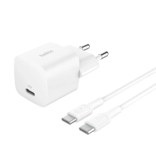 طقم شاحن حائط بيلكين 25W USB-C مع كابل 1 متر - أبيض طقم شاحن حائط بيلكين 25W USB-C مع كابل 1 متر - أبيض