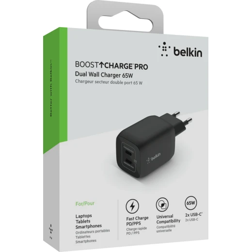 شاحن بلكين BoostCharge PRO مزدوج بقدرة 65 واط، بمنفذي USB-C وتقنية GaN وPPS، يوفر 65 واط أو 45 + 20 واط عند استخدام المنفذين معًا - بيلكين - Image 3