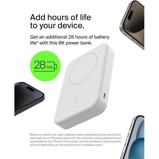 باور بنك بلكين لاسلكي محمول بقدرة 15 واط وسعة 8000 مللي أمبير، معتمد من Qi2 – شاحن MagSafe مزود بحامل مدمج قابل للطي، متوافق مع iPhone 17 وAir وPro وPro Max وGoogle Pixel 10 وغيرها – أبيض - بيلكين - Image 4
