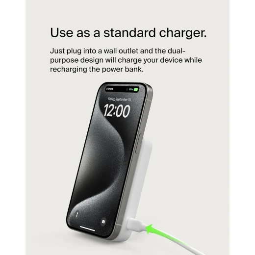 باور بنك بلكين لاسلكي محمول بقدرة 15 واط وسعة 8000 مللي أمبير، معتمد من Qi2 – شاحن MagSafe مزود بحامل مدمج قابل للطي، متوافق مع iPhone 17 وAir وPro وPro Max وGoogle Pixel 10 وغيرها – أبيض - بيلكين - Image 5