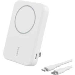 باور بنك بلكين لاسلكي محمول بقدرة 15 واط وسعة 8000 مللي أمبير، معتمد من Qi2 – شاحن MagSafe مزود بحامل مدمج قابل للطي، متوافق مع iPhone 17 وAir وPro وPro Max وGoogle Pixel 10 وغيرها – أبيض