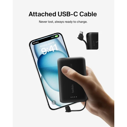 باور بانك بيلكين BoostCharge بسعة 10000 مللي أمبير – PD بقوة 20 واط مع كابل USB-C مدمج ومنفذ USB-C – أسود - بيلكين - Image 3