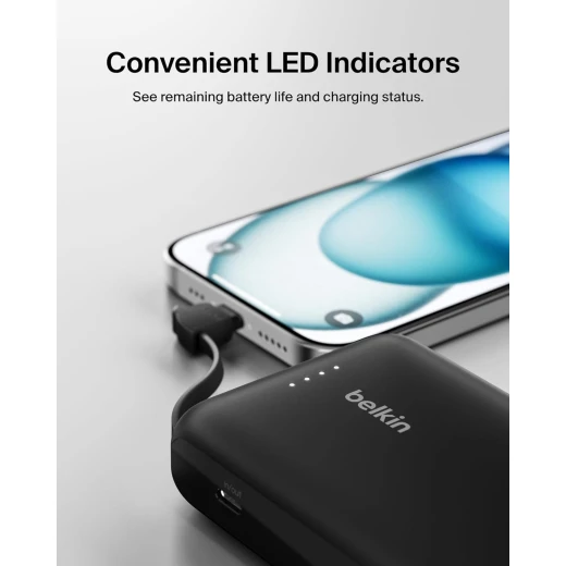 باور بانك بيلكين BoostCharge بسعة 10000 مللي أمبير – PD بقوة 20 واط مع كابل USB-C مدمج ومنفذ USB-C – أسود - بيلكين - Image 4