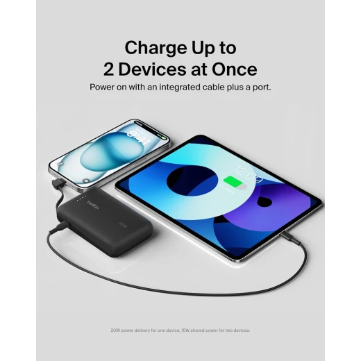 باور بانك بيلكين BoostCharge بسعة 10000 مللي أمبير – PD بقوة 20 واط مع كابل USB-C مدمج ومنفذ USB-C – أسود - بيلكين - Image 5