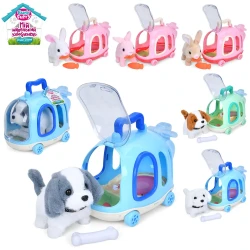 Blue stroller toy with a gray and white dog