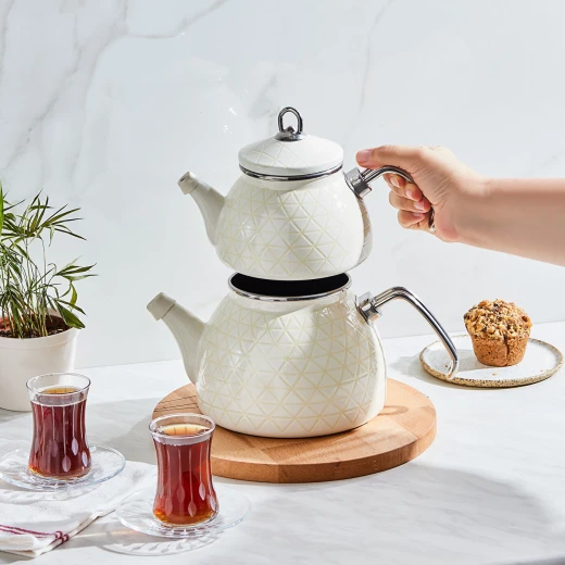 طقم إبريق شاي كاراجا كريستال كريم إيناميل ميدي - 3 قطع - كراجا - Image 3