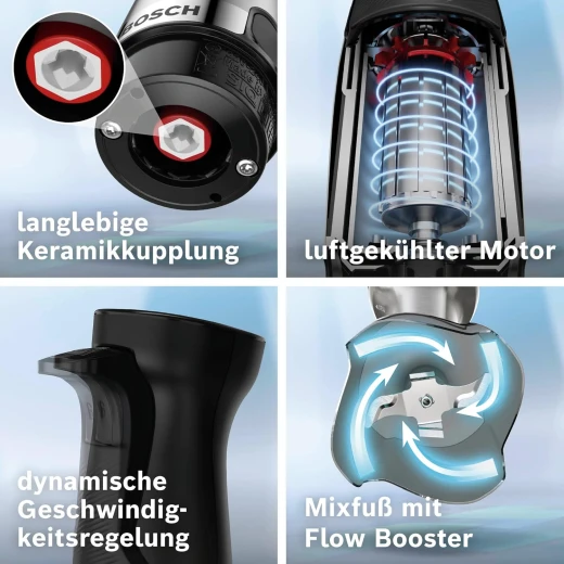 خلاط يدوي بوش ErgoMaster Series 6 MSM6M8X1، شفرات من الفولاذ المقاوم للصدأ، وصلة سيراميكية مقاومة للتآكل، تبريد هوائي، مفرمة، قاطع مكعبات، مضرب، بقدرة 1200 واط - بوش - Image 8