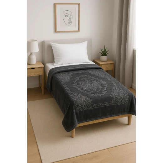Embroidered velvet winter single blanket - 160 x 220 cm | Weight 2 kg, soft and warm, Dark Grey Embroidered velvet winter single blanket - 160 x 220 cm | Weight 2 kg, soft and warm, Dark Grey