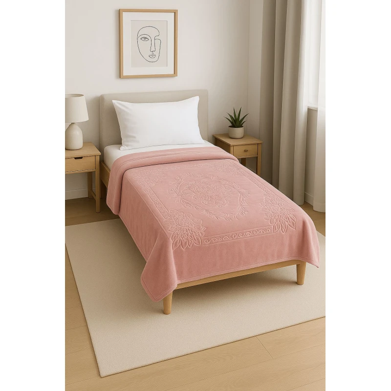 Embroidered velvet winter single blanket - 160 x 220 cm | Weight 2 kg, soft and warm, Pink