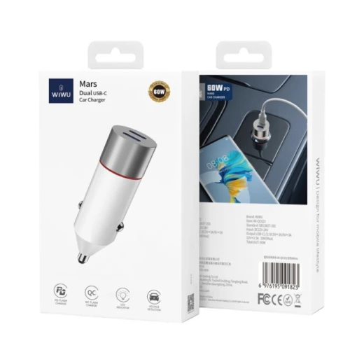 شاحن سيارة وي وو Wi-QC023 60W بمنفذ USB-C مزدوج - شحن سريع شاحن سيارة وي وو Wi-QC023 60W بمنفذ USB-C مزدوج - شحن سريع
