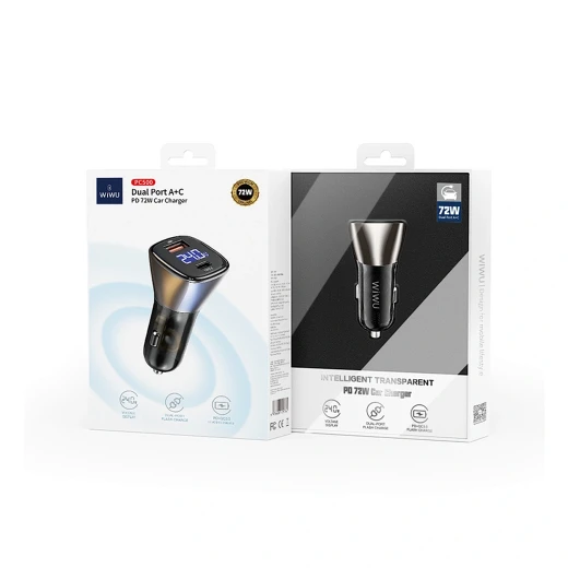 شاحن سيارة WIWU PC-500 بمنفذين USB-C بقوة 72 واط - أسود شاحن سيارة WIWU PC-500 بمنفذين USB-C بقوة 72 واط - أسود