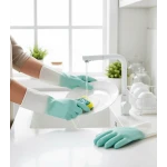 قفازات مطاطية للتنظيف وغسل الصحون, طويلة، دافئة، قابلة لإعادة الاستخدام، مقاومة للماء، باللونين الأخضر والأبيض، متينة ومريحة للاستخدام اليومي مقاس ميديوم