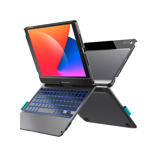 لوحة مفاتيح لاسلكية دوارة باللون الأسود لجهاز iPad 10.2 (الجيل الثامن) من وي وو