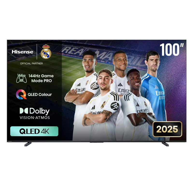 تلفزيون هيسنس 100Q7Q QLED بحجم 100 بوصة، يتميز بمعدل تحديث 144 هرتز وتقنية VRR، مصنوع من مواد متينة، يدعم HDR ووظائف التلفزيون الذكي، الأبعاد: مختلفة، الحجم: 100 بوصة، تشمل - هيسنس