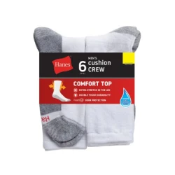 Hanes Double Tough Men's Crew Socks Comfort Top White Shoe Size 12-14 6-Pairs
