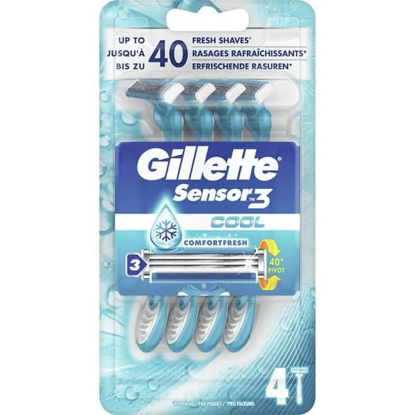 Gillette Sensor3 Cool Disposable Razor Blades 4 Count, Smooth Shave, Easy Rinse, For Men - Gillette