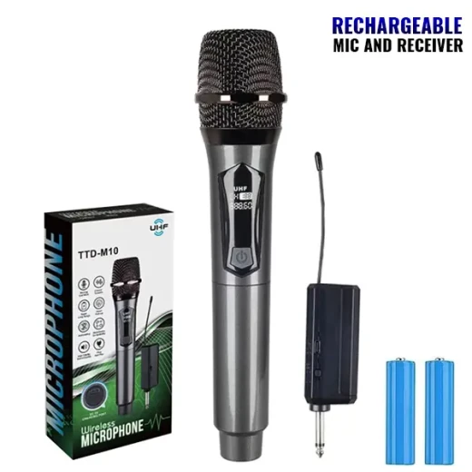 نظام ميكروفون هاي تك TTD-M10 اللاسلكي القابل لإعادة الشحن، تردد UHF، لون أسود، يشمل ميكروفون، مستقبل، اتصال 2.4 جيجاهرتز، مثالي للكاريوكي والعروض التقديمية نظام ميكروفون هاي تك TTD-M10 اللاسلكي القابل لإعادة الشحن، تردد UHF، لون أسود، يشمل ميكروفون، مستقبل، اتصال 2.4 جيجاهرتز، مثالي للكاريوكي والعروض التقديمية