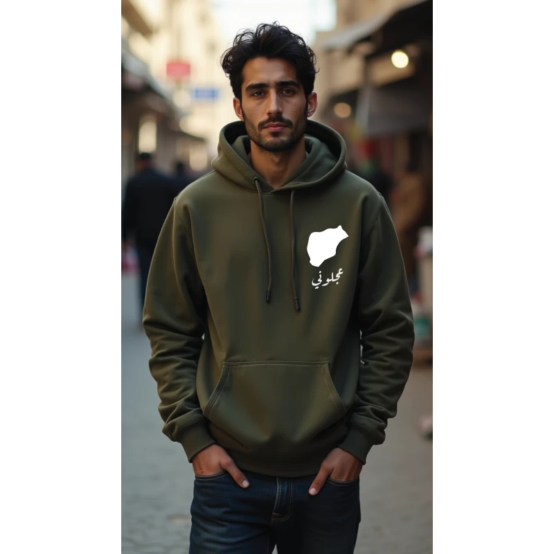 هودي، أخضر زيتوني، متوسط، تصميم عجلوني ، إلهام ثقافي وفني، مريح، أنيق، مناسب للارتداء اليومي للجنسين من ديزاينلس - ديزاينليسس