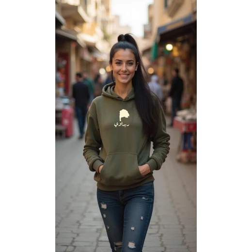 هودي أخضر زيتوني، كبيرجدا، تصميم ربداوي، إلهام ثقافي وفني، مريح، أنيق، مناسب للارتداء اليومي للجنسين من ديزاينلس
