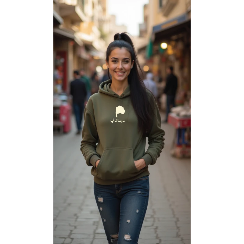 هودي أخضر زيتوني، كبيرجدا، تصميم ربداوي، إلهام ثقافي وفني، مريح، أنيق، مناسب للارتداء اليومي للجنسين من ديزاينلس - ديزاينليسس