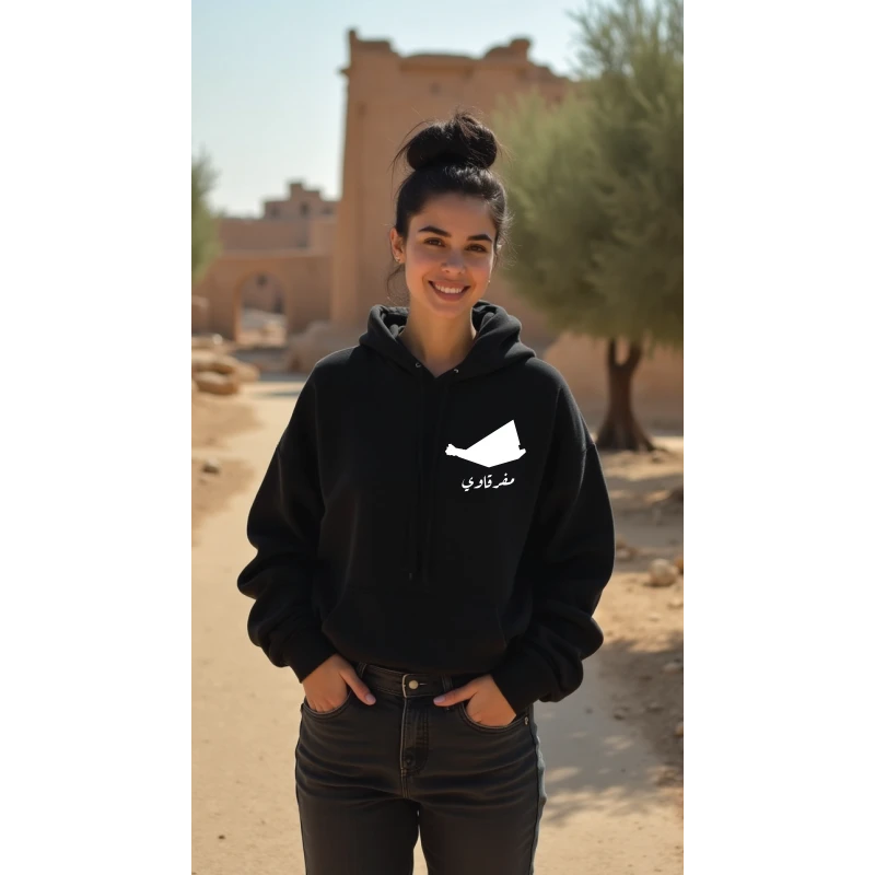 هودي أسود،ميديوم، تصميم مفرقاوي، إلهام ثقافي وفني، مريح، أنيق، مناسب للارتداء اليومي للجنسين من ديزاينلس - ديزاينليسس