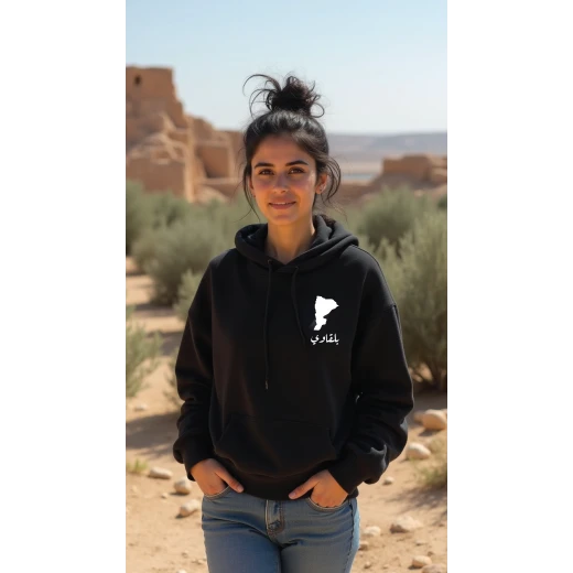 هودي أسود ،متوسط، تصميم بلقاوي، إلهام ثقافي وفني، مريح، أنيق، مناسب للارتداء اليومي للجنسين من ديزاينلس