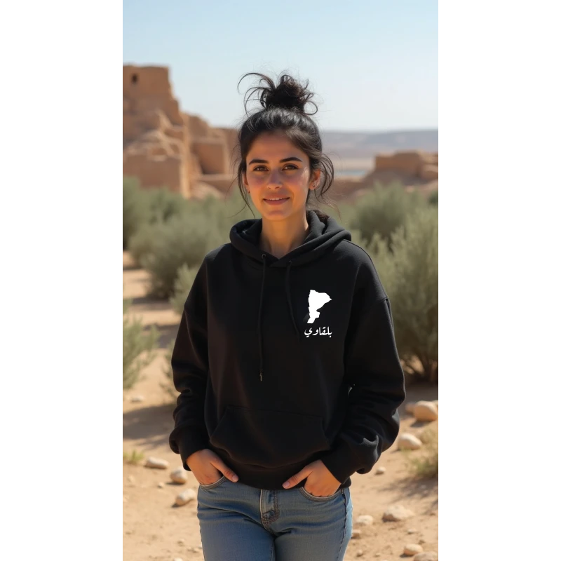 هودي أسود ،متوسط، تصميم بلقاوي، إلهام ثقافي وفني، مريح، أنيق، مناسب للارتداء اليومي للجنسين من ديزاينلس - ديزاينليسس