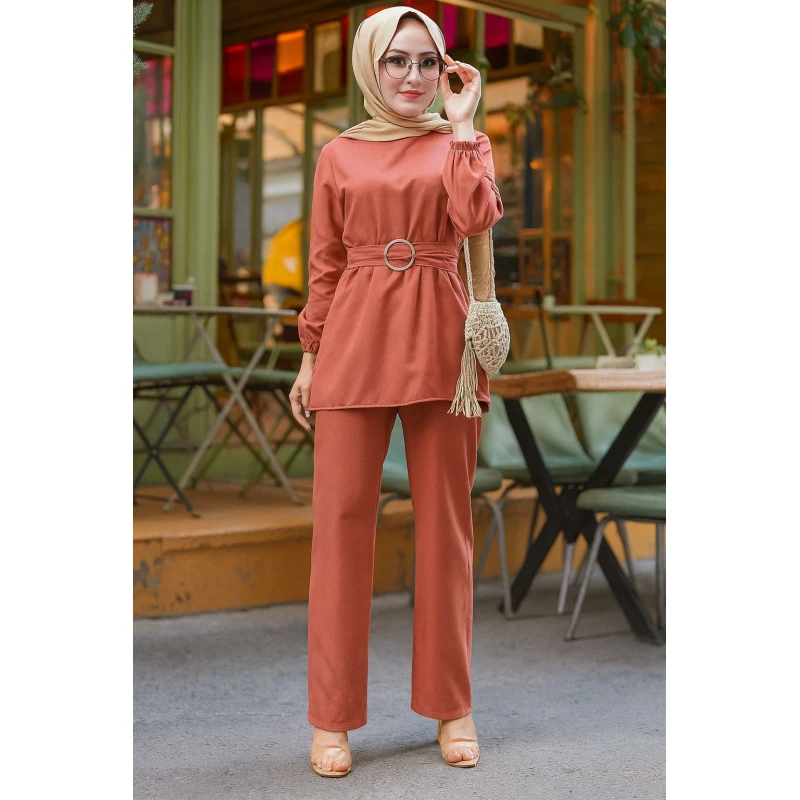Women’s Modest Two-Piece Set – Long-Sleeve Belted Tunic & Matching Pants | Comfortable, Elegant, Everyday Wear size 42 - Lolo shop fashion