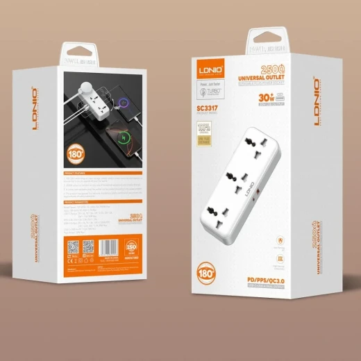 شريط طاقة LDNIO SC3317 محمول 3 منافذ تيار متردد 2 منفذ USB شحن سريع 30 واط - إل دي إن آي أو - Image 3