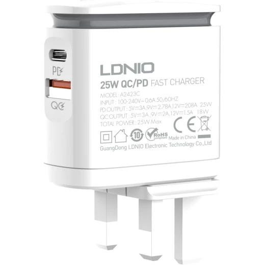 شاحن LDNIO A2423C سريع 25 واط PD و QC 3.0 مع مصباح ليلي قابس المملكة المتحدة - إل دي إن آي أو - Image 2