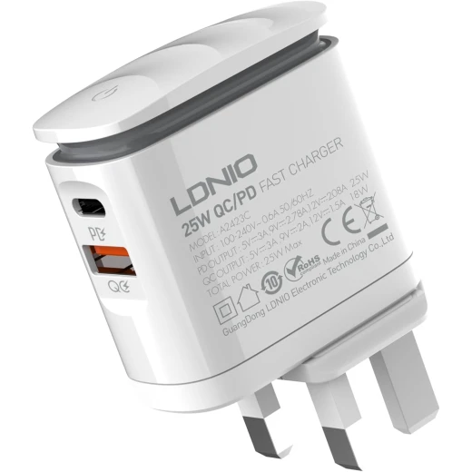 شاحن LDNIO A2423C سريع 25 واط PD و QC 3.0 مع مصباح ليلي قابس المملكة المتحدة شاحن LDNIO A2423C سريع 25 واط PD و QC 3.0 مع مصباح ليلي قابس المملكة المتحدة