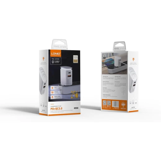 شاحن LDNIO A2423C سريع 25 واط PD و QC 3.0 مع مصباح ليلي قابس المملكة المتحدة - إل دي إن آي أو - Image 3